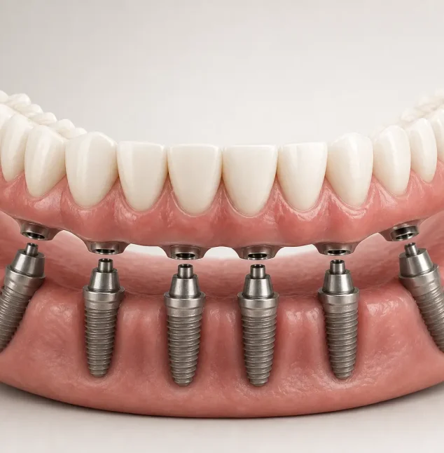 Fixed full-arch All-on-X bridge aligned over six dental implants