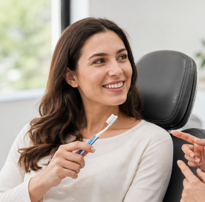 Patient discussing gum care and brushing with a dental professional