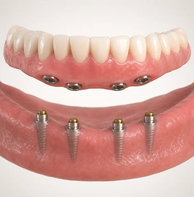 Removable implant-supported lower denture aligned over four snap-in implant attachments
