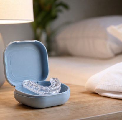 Clear custom night guard in a protective case on a bedside table