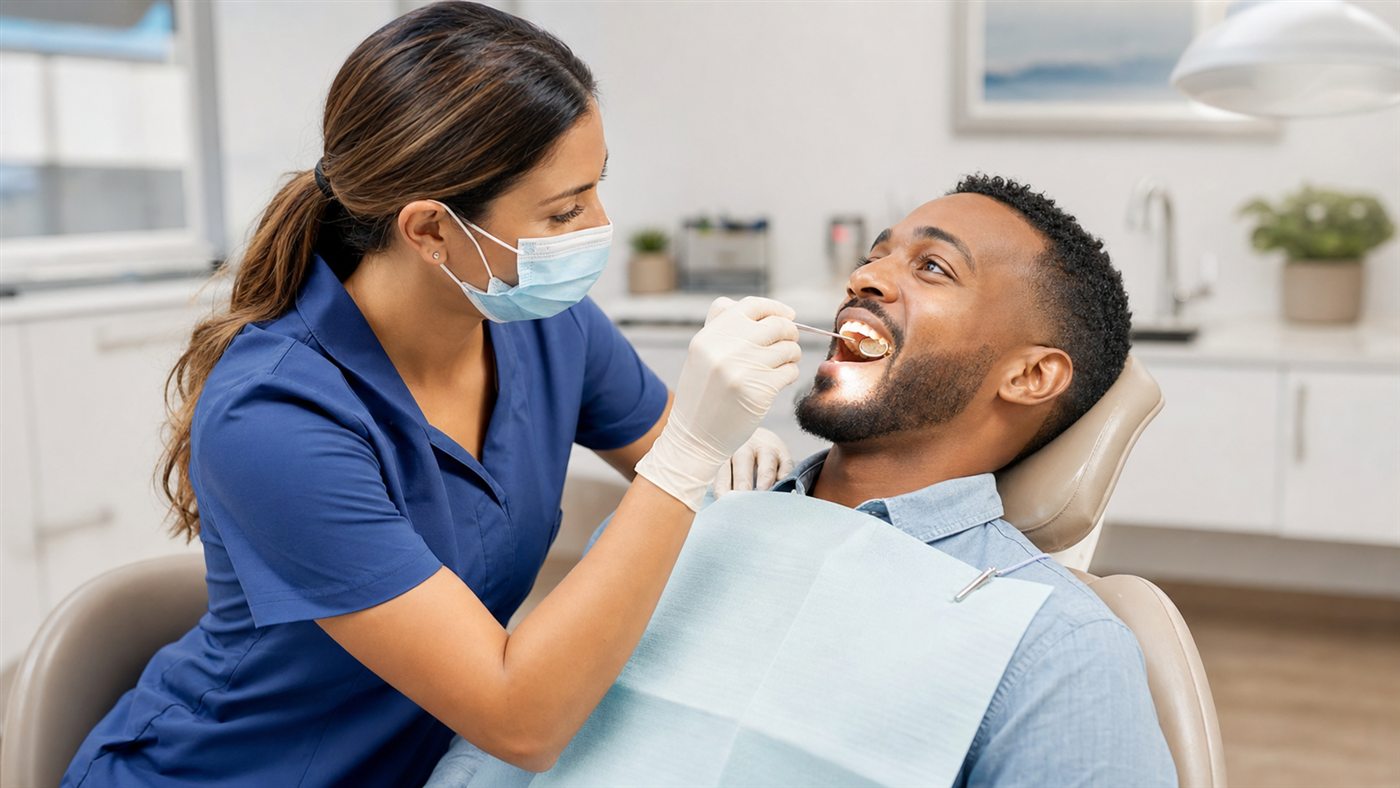 Dentist performing a comfortable oral examination for an adult patient