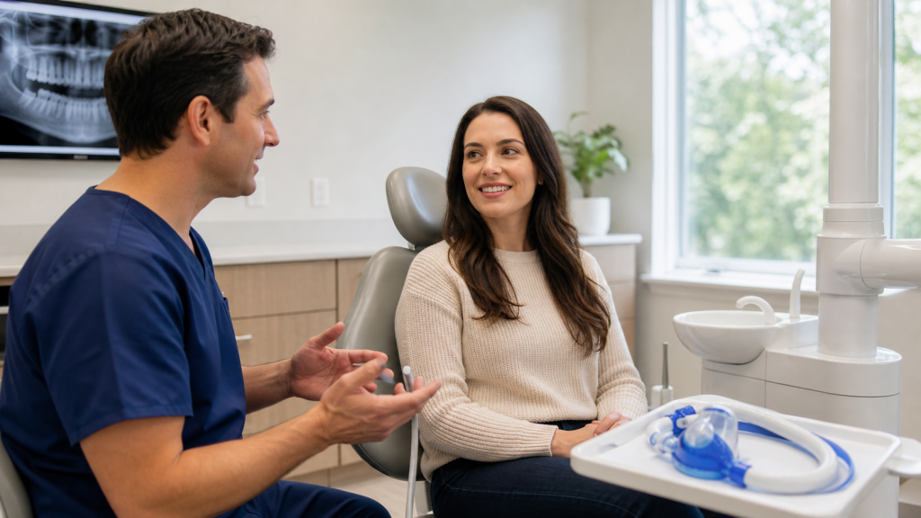 Dentist explaining a sedation dentistry visit to a calm adult patient