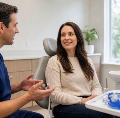 Dentist explaining a sedation dentistry visit to a calm adult patient