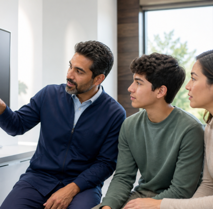 Dentist reviewing a panoramic X-ray with a teenager and parent during a wisdom teeth evaluation
